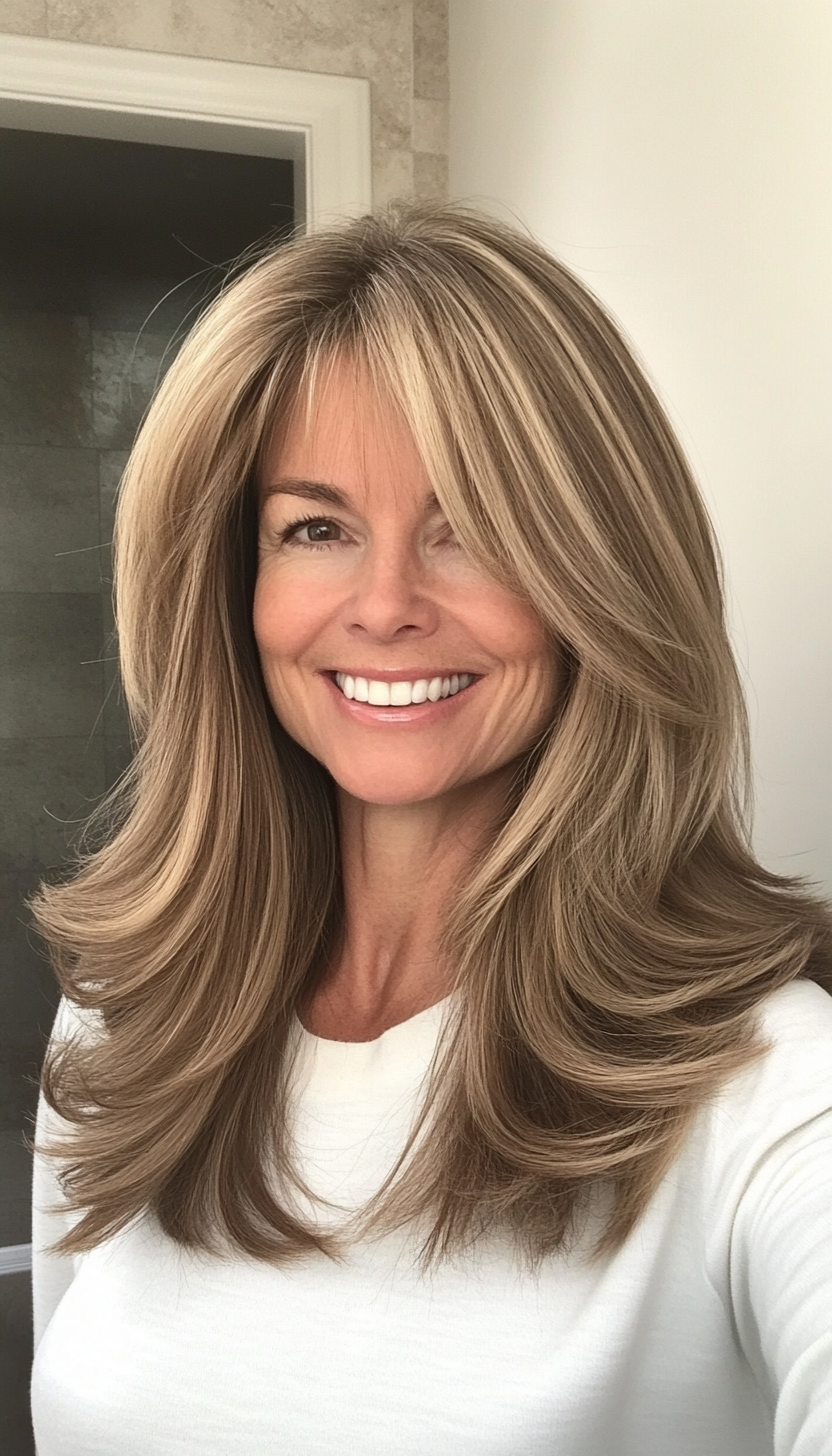 11. Soft Curtain Bangs with Long Layers in Ash Brown (Hairstyles For Women Over 50 With Fine Hair) - Hairstyles For Women Over 50 With Fine Hair