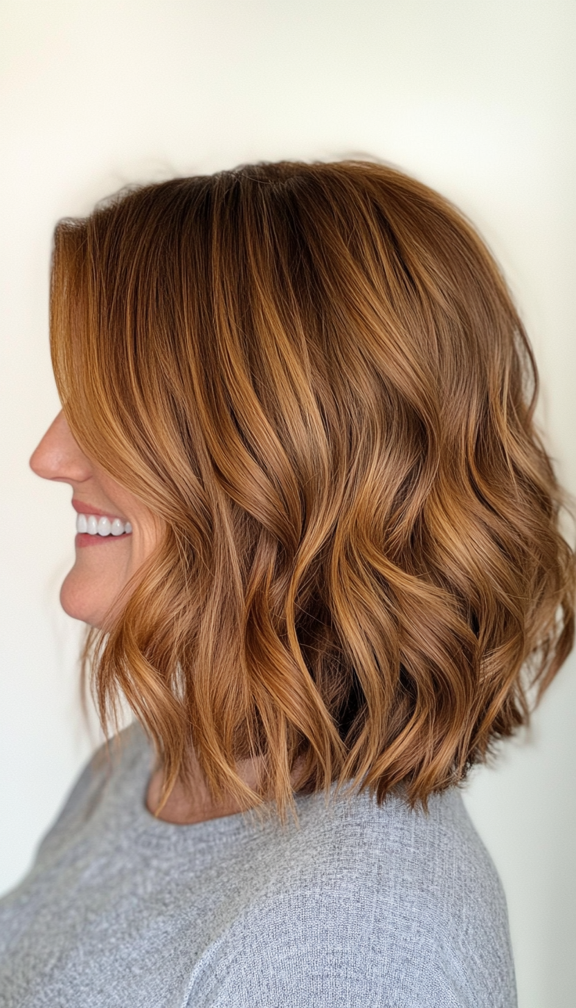 13. Wavy Lob in Warm Chestnut (Hairstyles For Women Over 50 With Fine Hair) - Hairstyles For Women Over 50 With Fine Hair