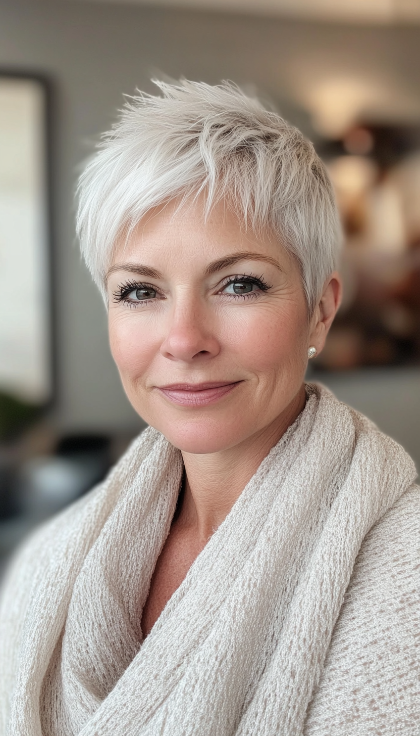 14. Textured Pixie in Pearl White (Hairstyles For Women Over 50 With Fine Hair) - Hairstyles For Women Over 50 With Fine Hair