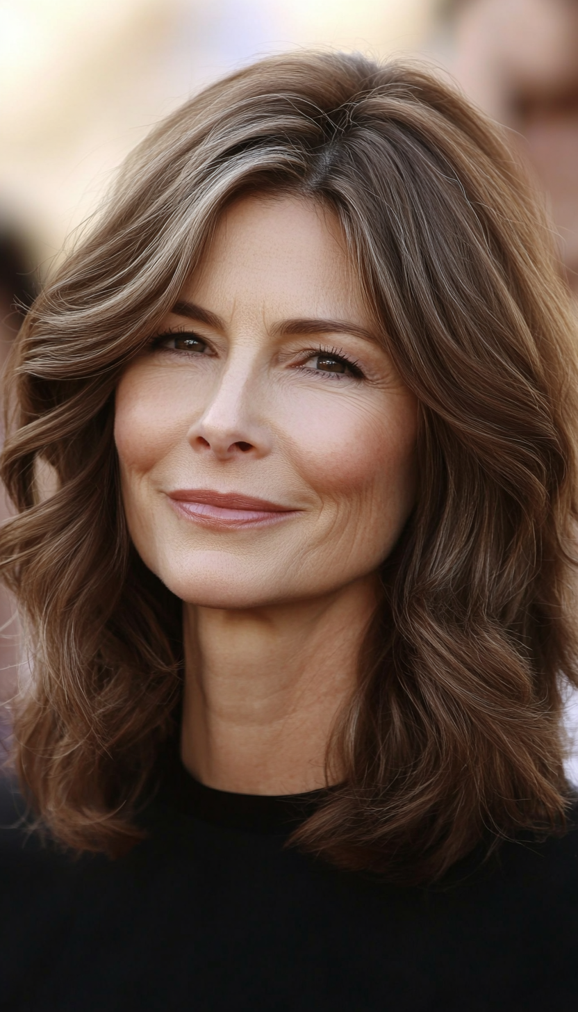15. Mid-Length Swoopy Layers in Mocha Brown (Hairstyles For Women Over 50 With Fine Hair) - Hairstyles For Women Over 50 With Fine Hair