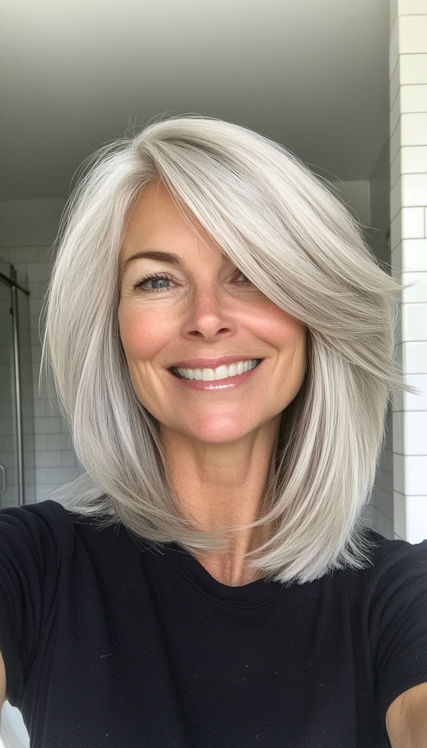 16. Layered Crop with Side Part in Silver Blonde (Hairstyles For Women Over 50 With Fine Hair) - Hairstyles For Women Over 50 With Fine Hair