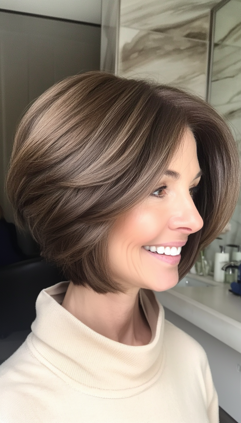 18. Short Stacked Bob in Warm Brunette (Hairstyles For Women Over 50 With Fine Hair) - Hairstyles For Women Over 50 With Fine Hair