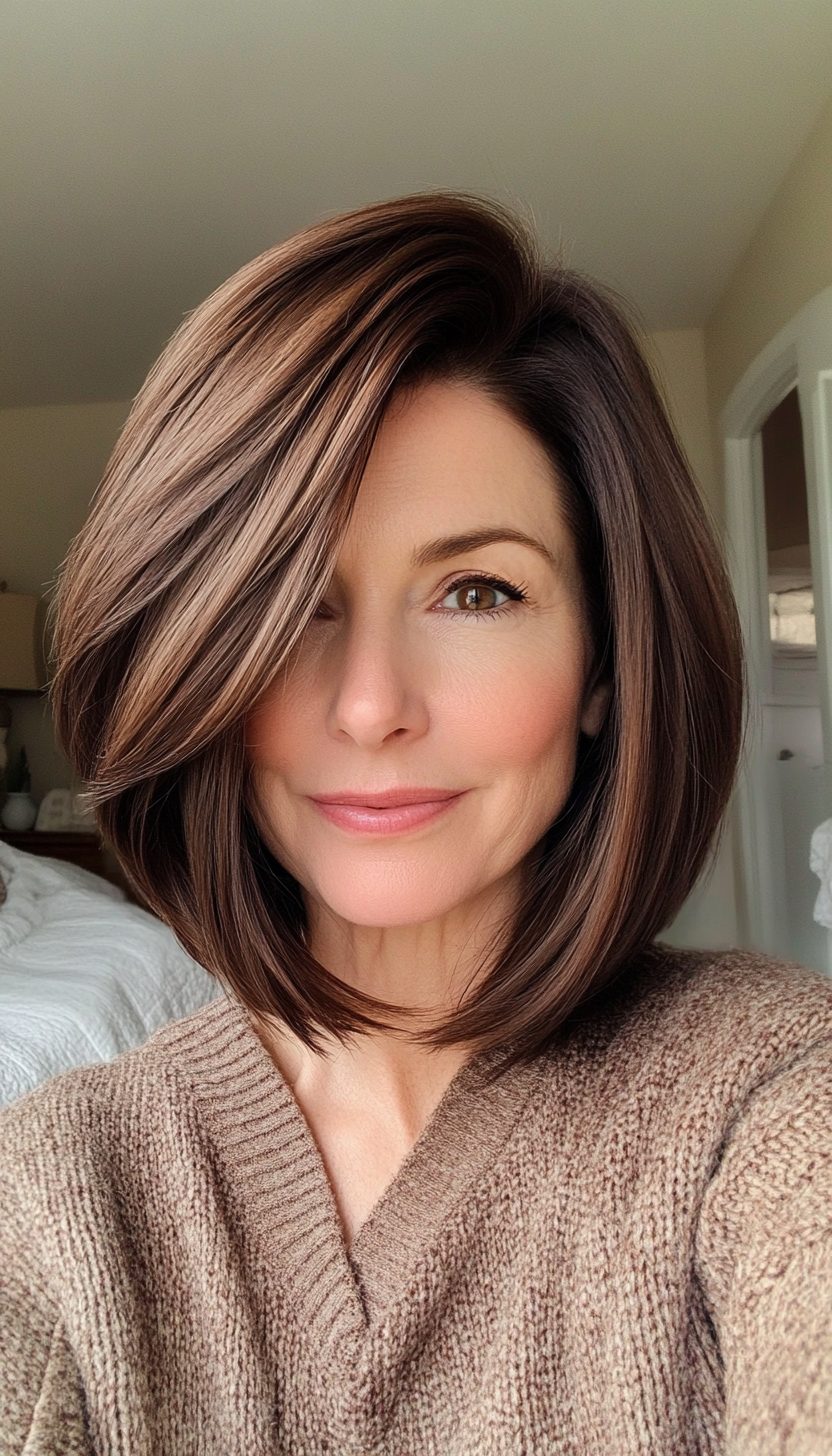 19. Softly Layered Lob in Dark Mahogany (Hairstyles For Women Over 50 With Fine Hair) - Hairstyles For Women Over 50 With Fine Hair