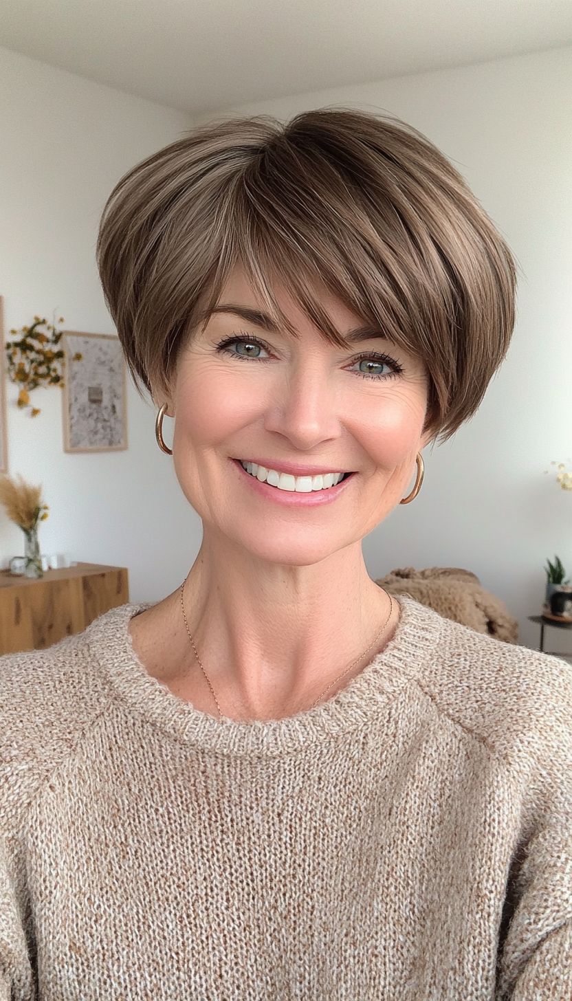20. Rounded Pixie with Side-Swept Bangs in Dark Walnut (Hairstyles For Women Over 50 With Fine Hair) - Hairstyles For Women Over 50 With Fine Hair