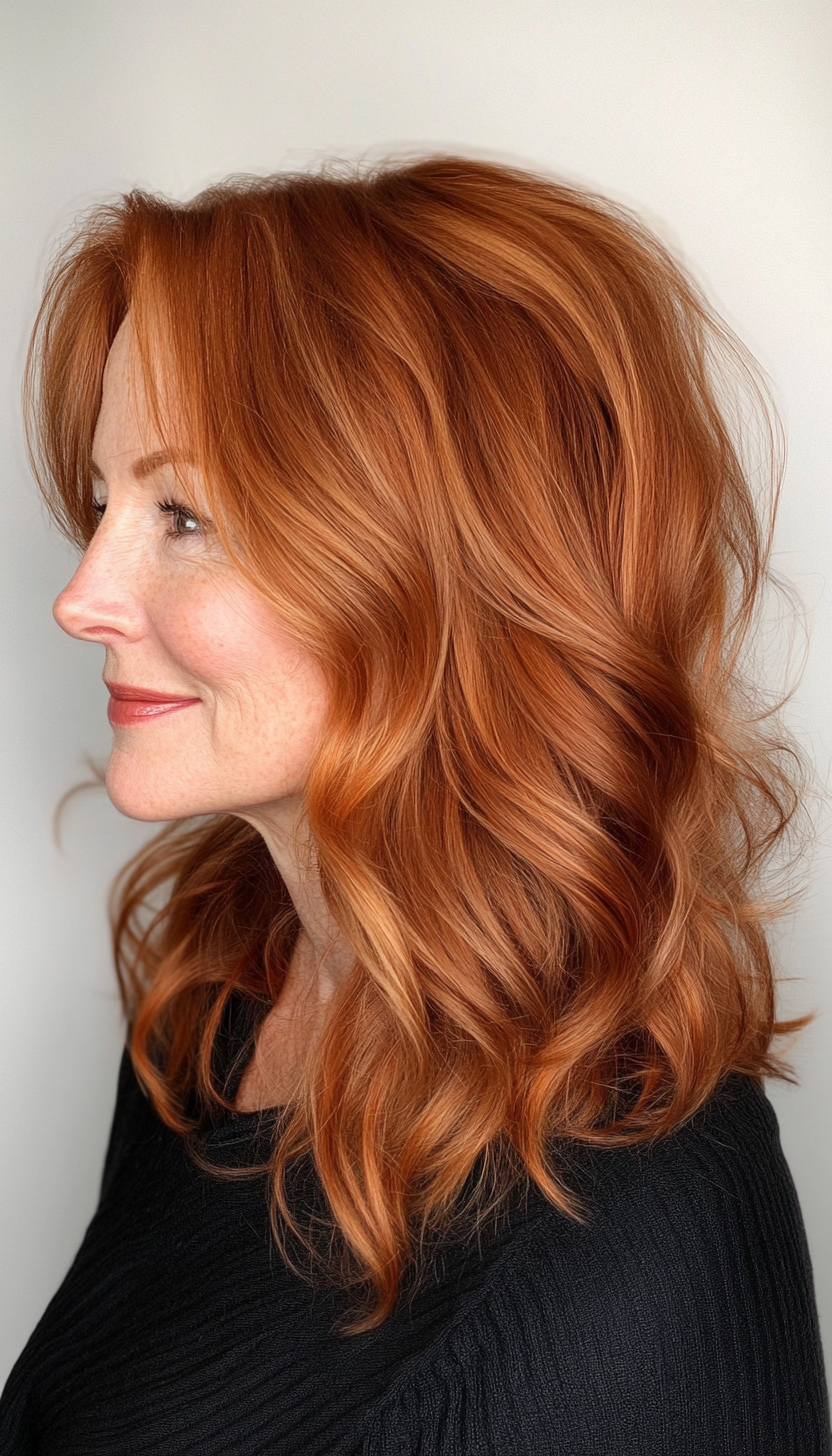 23. Wavy Mid-Length Shag in Soft Copper (Hairstyles For Women Over 50 With Fine Hair) - Hairstyles For Women Over 50 With Fine Hair