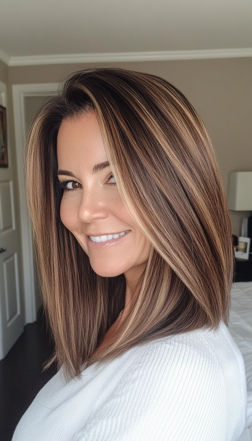 24. Long Blunt Cut with Face-Framing Highlights in Chestnut Balayage (Hairstyles For Women Over 50 With Fine Hair) - Hairstyles For Women Over 50 With Fine Hair