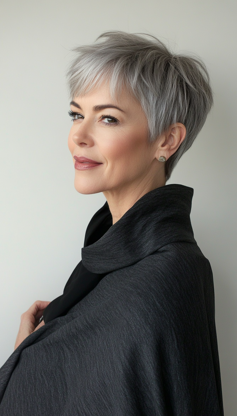 25. Edgy Short Crop in Deep Charcoal Gray (Hairstyles For Women Over 50 With Fine Hair) - Hairstyles For Women Over 50 With Fine Hair