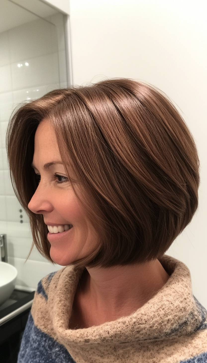 26. Classic Side-Parted Bob in Warm Hazelnut (Hairstyles For Women Over 50 With Fine Hair) - Hairstyles For Women Over 50 With Fine Hair