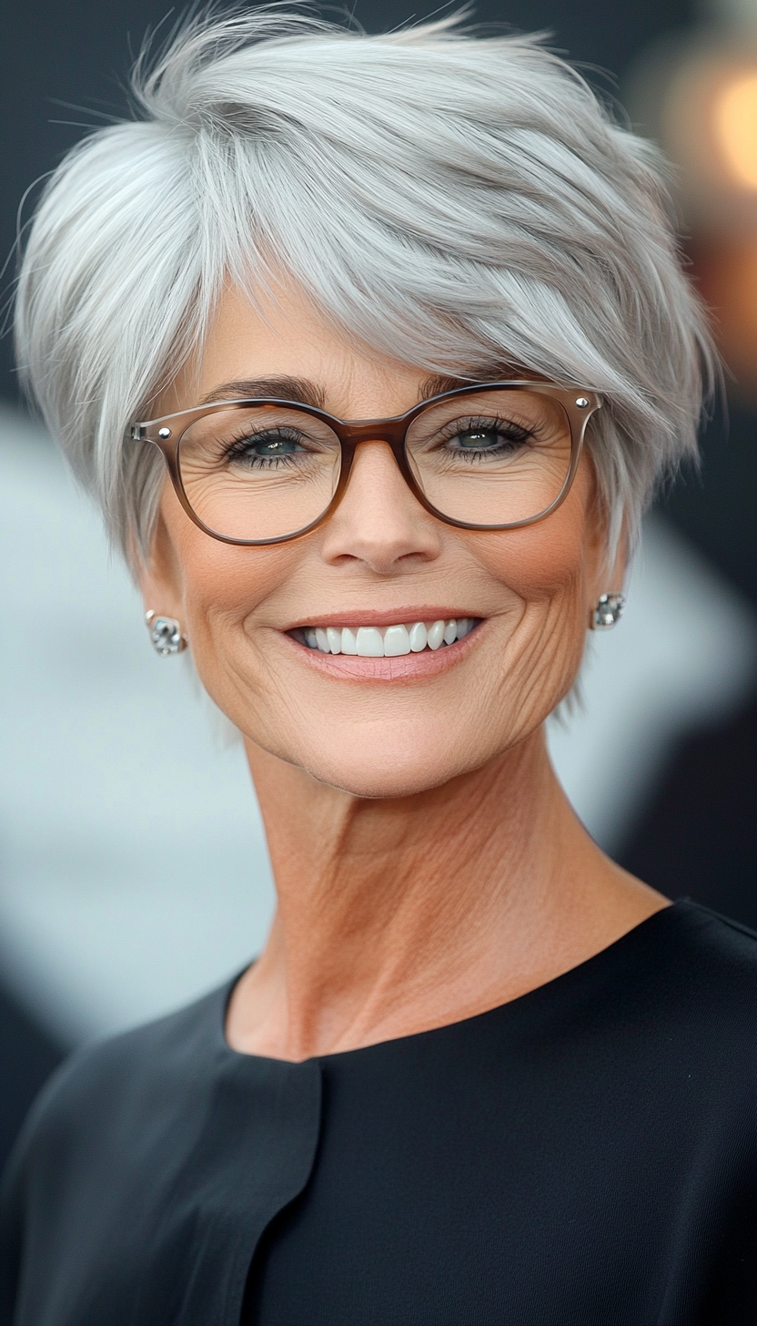 1. Silver Feathered Pixie (Short Hairstyles For Women Over 70 With Glasses) - Short Hairstyles For Women Over 70 With Glasses