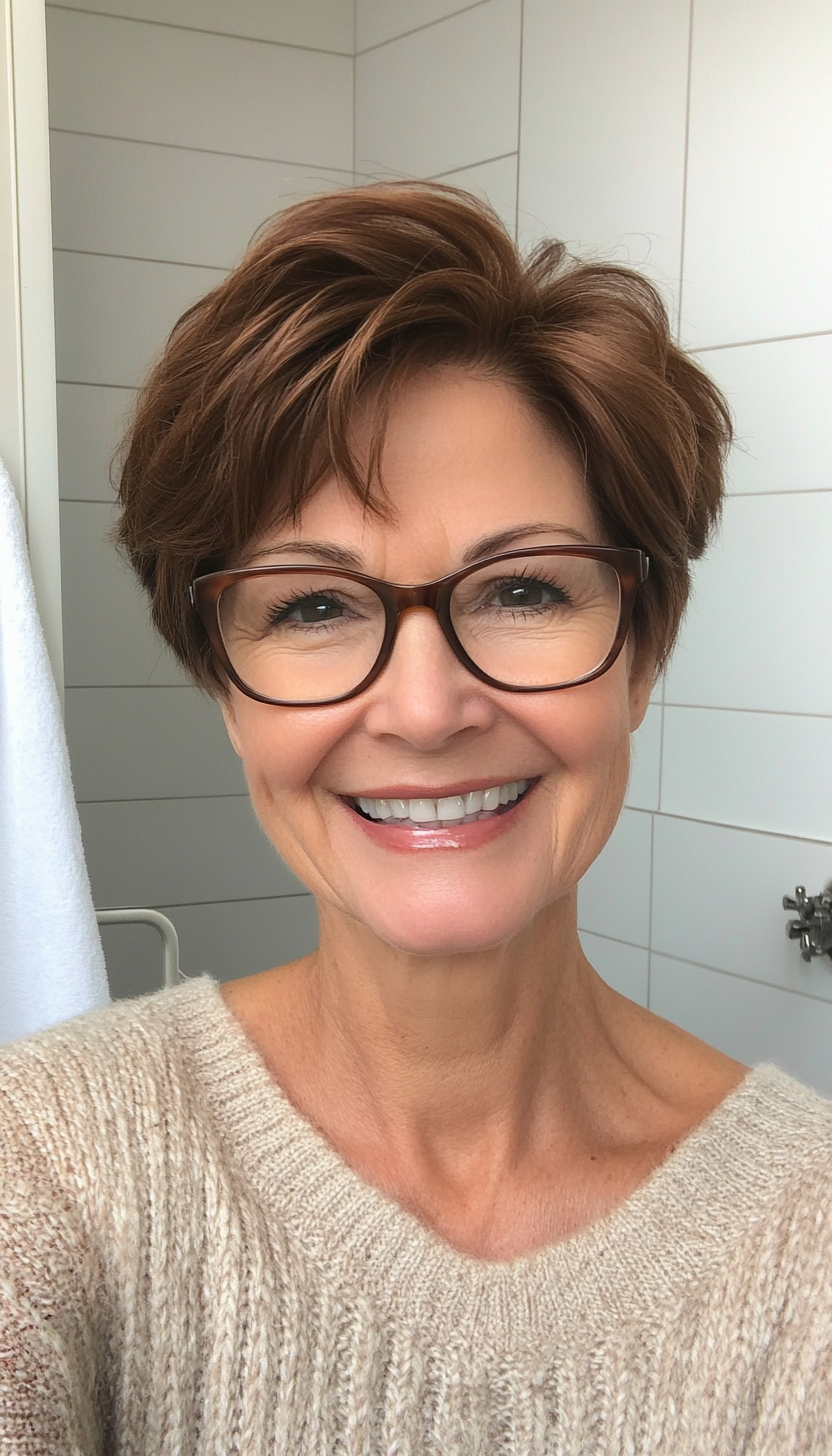 2. Chestnut Layered Crop (Short Hairstyles For Women Over 70 With Glasses) - Short Hairstyles For Women Over 70 With Glasses