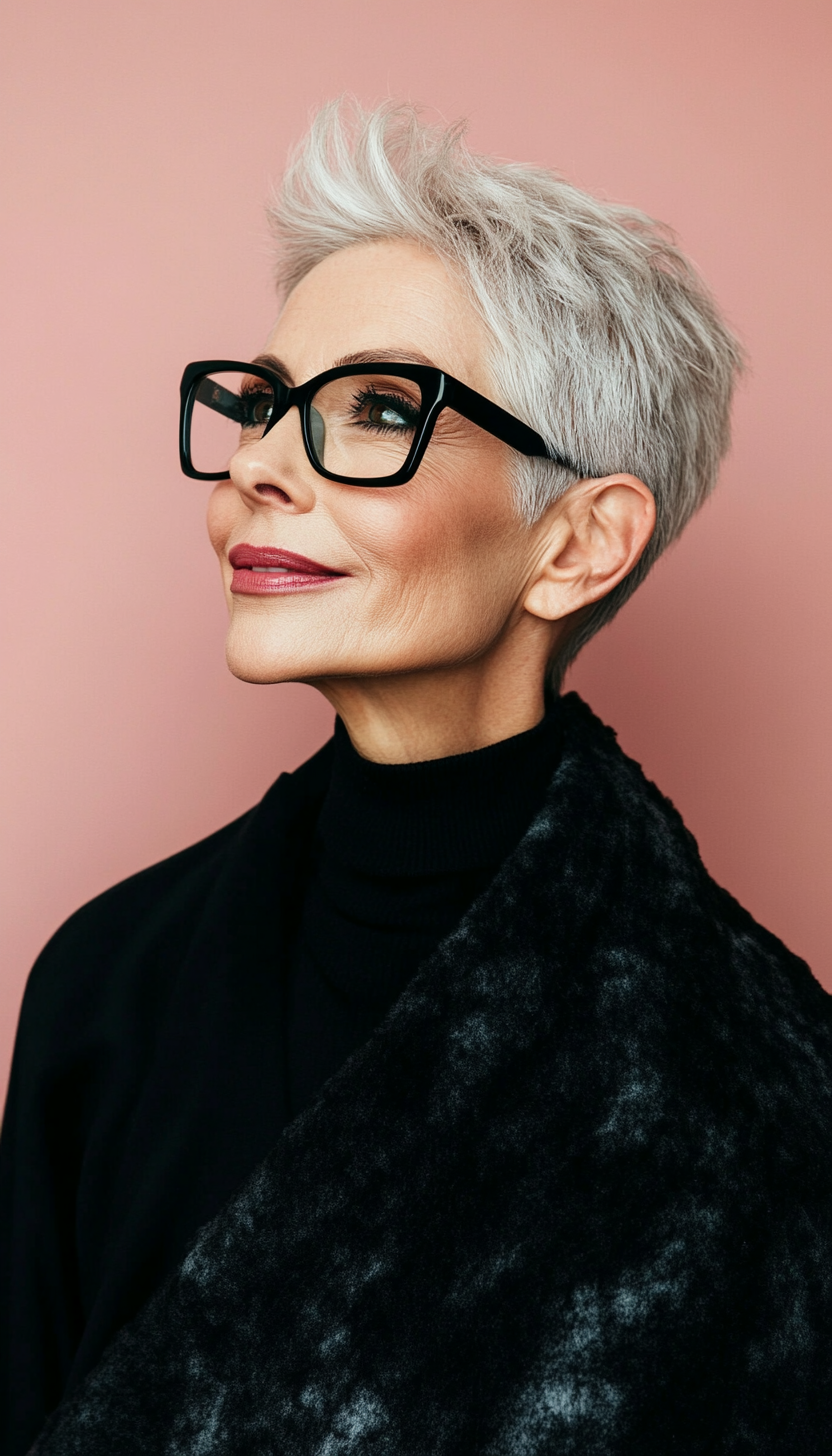 11. Snowy Silver Undercut Pixie (Short Hairstyles For Women Over 70 With Glasses) - Short Hairstyles For Women Over 70 With Glasses