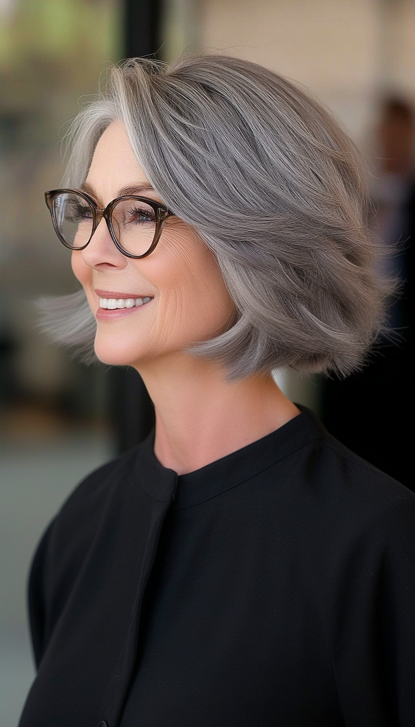 13. Natural Gray French Bob (Short Hairstyles For Women Over 70 With Glasses) - Short Hairstyles For Women Over 70 With Glasses
