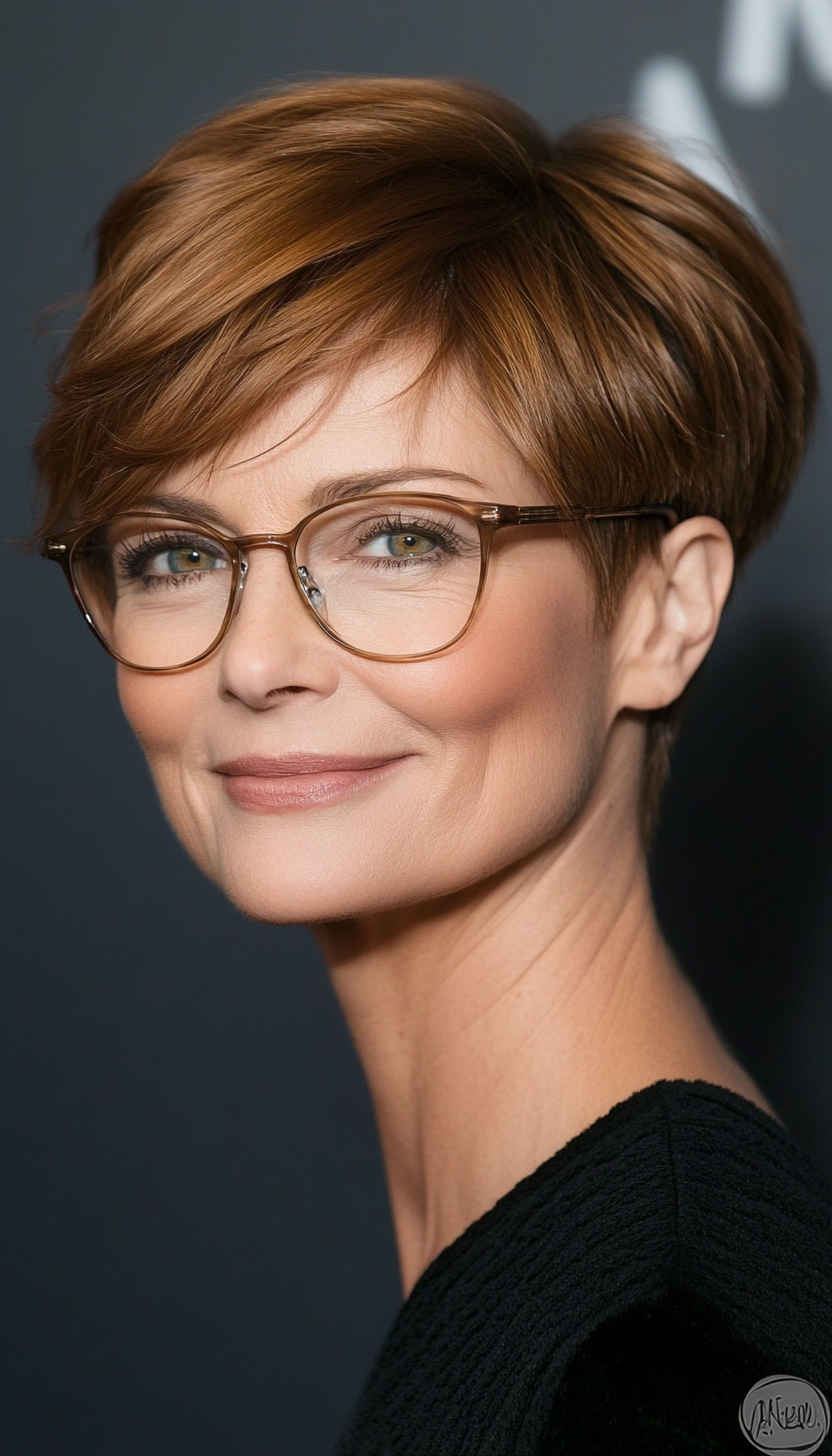 14. Golden Brown Side-Swept Pixie (Short Hairstyles For Women Over 70 With Glasses) - Short Hairstyles For Women Over 70 With Glasses