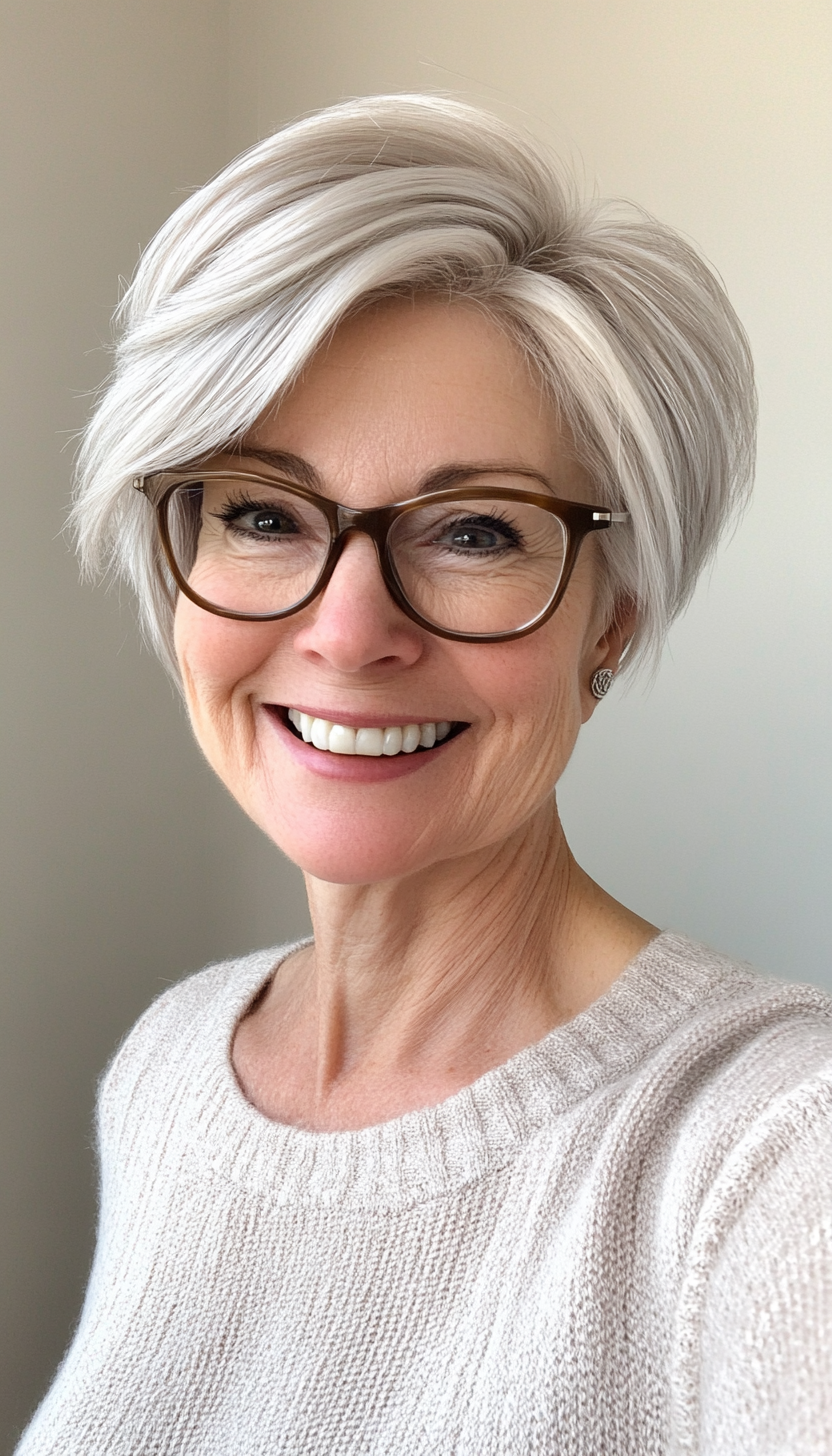 15. Soft Silver Layered Crop (Short Hairstyles For Women Over 70 With Glasses) - Short Hairstyles For Women Over 70 With Glasses