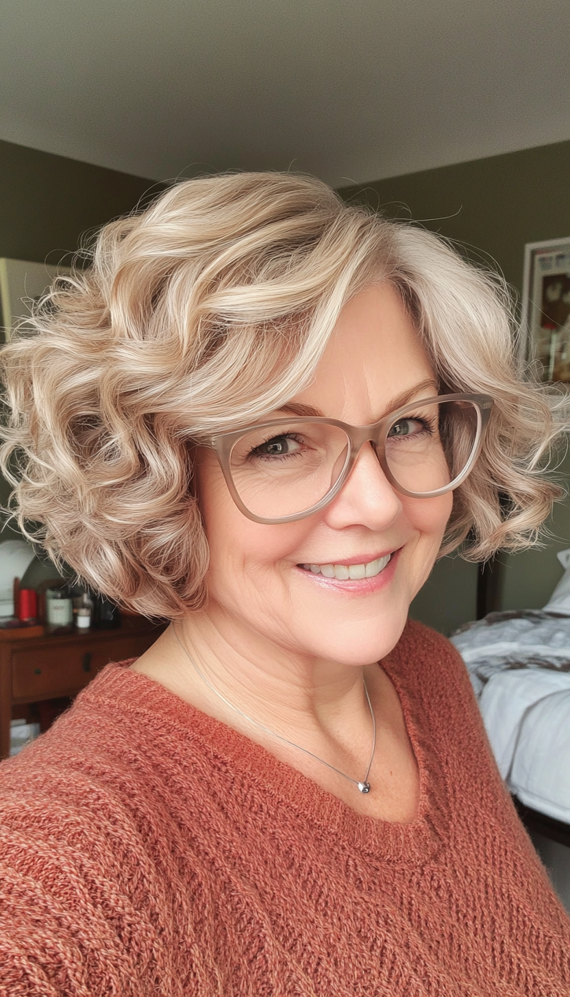 17. Light Ash Blonde Curly Bob (Short Hairstyles For Women Over 70 With Glasses) - Short Hairstyles For Women Over 70 With Glasses