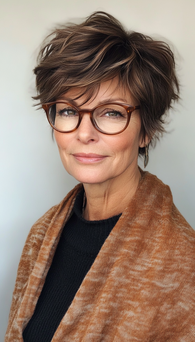 18. Cinnamon Brown Textured Pixie (Short Hairstyles For Women Over 70 With Glasses) - Short Hairstyles For Women Over 70 With Glasses