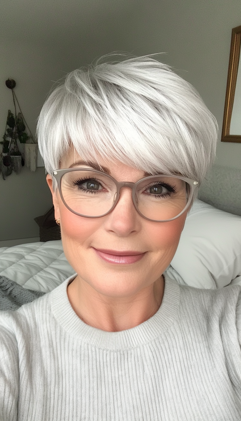 21. Smoky Silver Pixie with Bangs (Short Hairstyles For Women Over 70 With Glasses) - Short Hairstyles For Women Over 70 With Glasses
