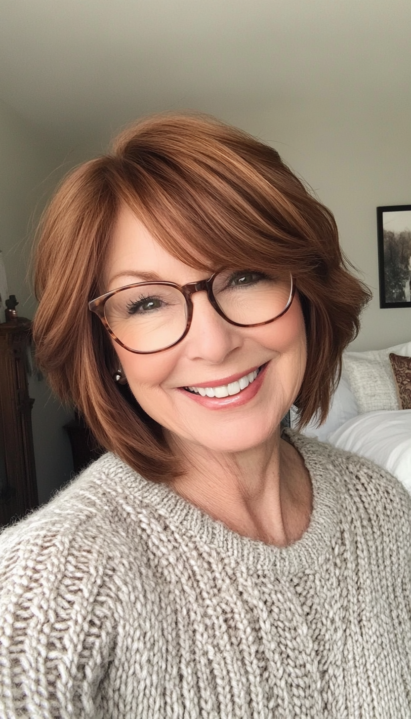 25. Chestnut Brown Layered Bob (Short Hairstyles For Women Over 70 With Glasses) - Short Hairstyles For Women Over 70 With Glasses