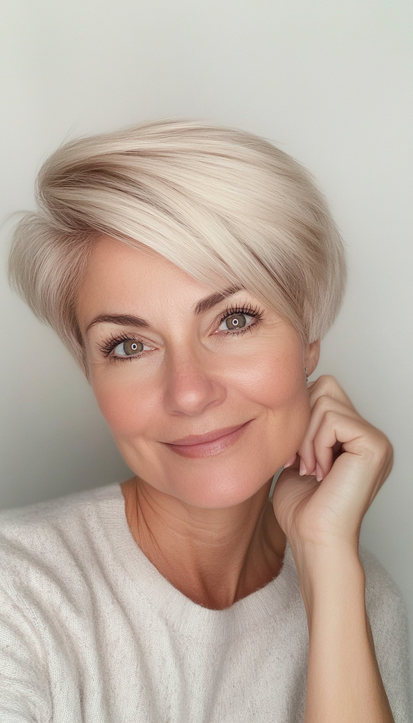 8. Blonde Pixie with Side Part (Pixie Hairstyles Women Over 60) - Pixie Hairstyles Women Over 60