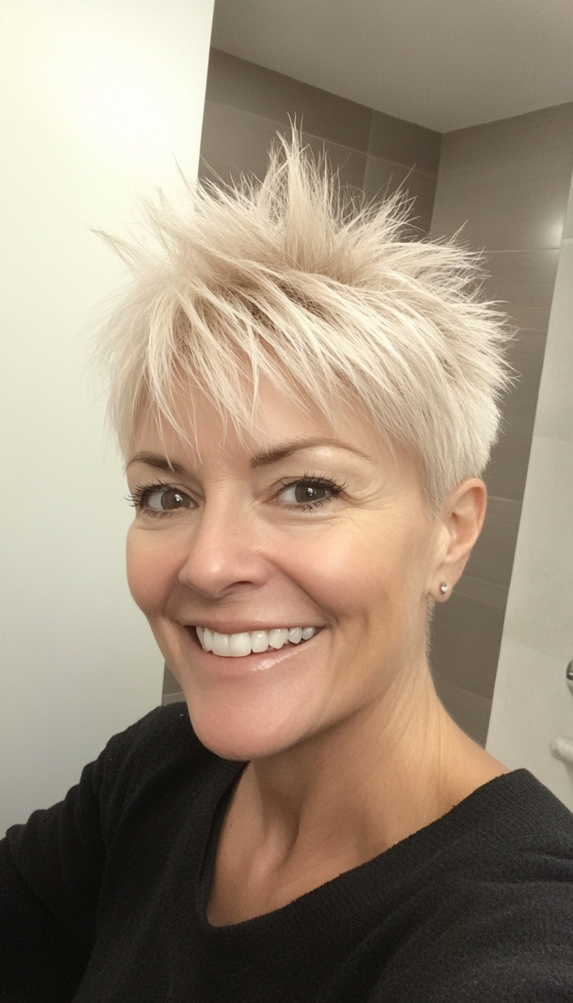 16. Spiky Ash Blonde Pixie (Pixie Hairstyles Women Over 60) - Pixie Hairstyles Women Over 60