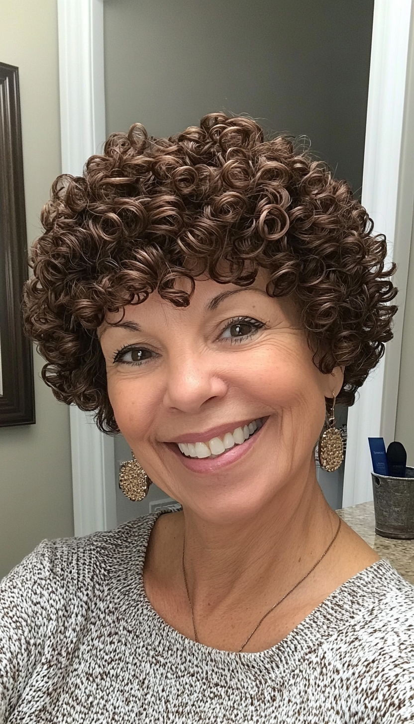 20. Natural Brown Curly Pixie (Pixie Hairstyles Women Over 60) - Pixie Hairstyles Women Over 60