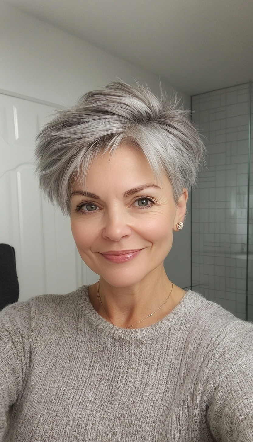 24. Feathered Gray Pixie (Pixie Hairstyles Women Over 60) - Pixie Hairstyles Women Over 60