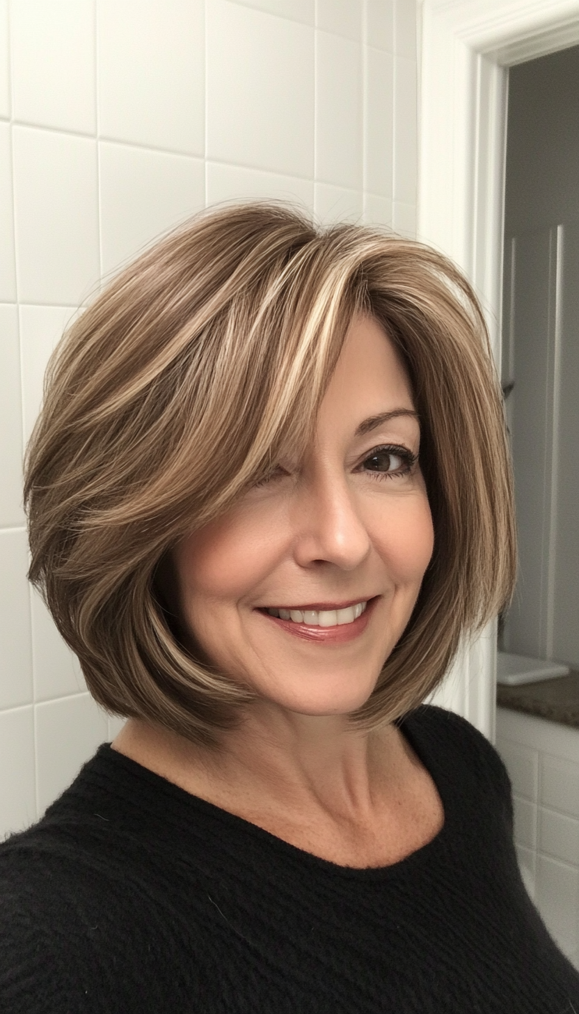1. Soft Layered Bob with Warm Brown Highlights (Layered Haircuts For Older Women) - Layered Haircuts For Older Women