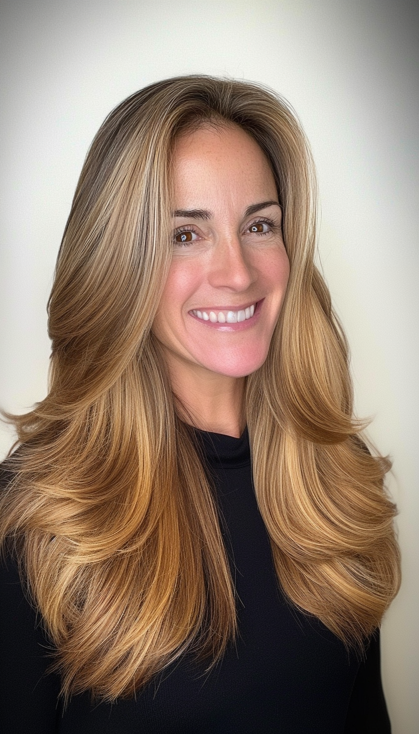 2. Long Layered Hair with Caramel Tones (Layered Haircuts For Older Women) - Layered Haircuts For Older Women
