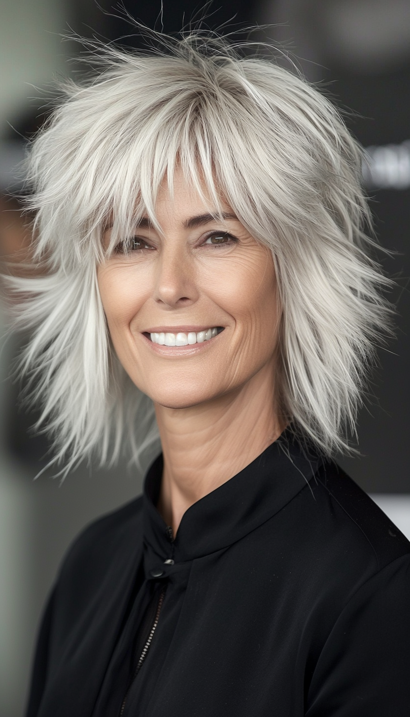 3. Textured Shag with Platinum Blonde (Layered Haircuts For Older Women) - Layered Haircuts For Older Women