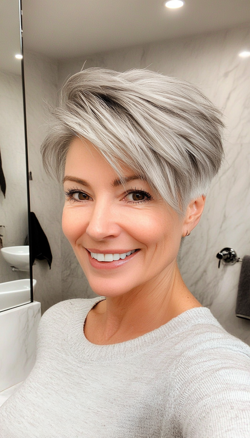 4. Layered Pixie Cut in Silver Grey (Layered Haircuts For Older Women) - Layered Haircuts For Older Women