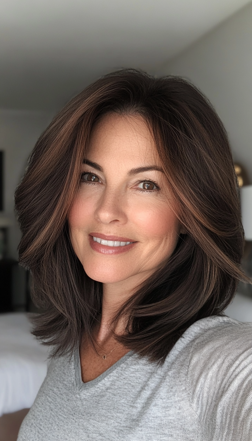 5. Feathered Lob with Dark Brown (Layered Haircuts For Older Women) - Layered Haircuts For Older Women