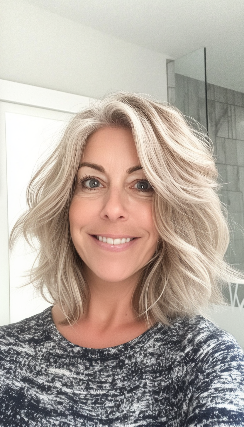 11. Wavy Layered Bob with Light Blonde Highlights (Layered Haircuts For Older Women) - Layered Haircuts For Older Women