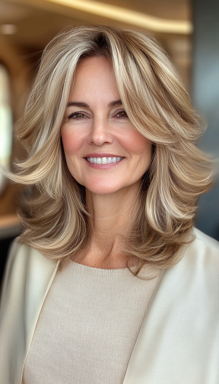 14. Softly Layered Waves with Golden Blonde (Layered Haircuts For Older Women) - Layered Haircuts For Older Women