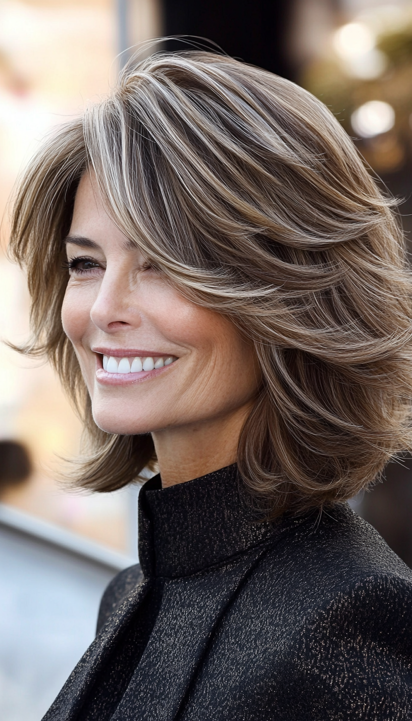 15. Textured Lob with Sandy Brown Highlights (Layered Haircuts For Older Women) - Layered Haircuts For Older Women