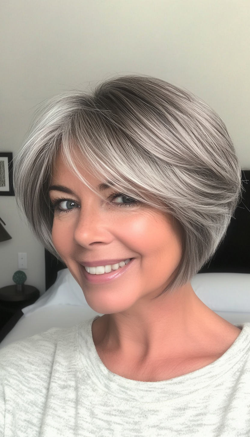 16. Short Layered Cut with Gray-Silver Highlights (Layered Haircuts For Older Women) - Layered Haircuts For Older Women