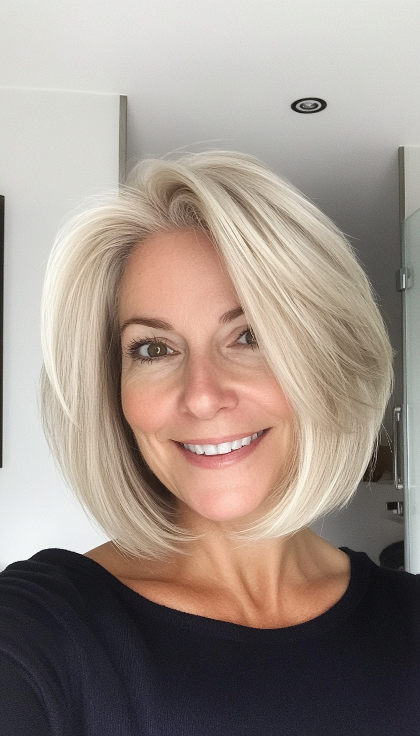 19. Layered Bob with Subtle Platinum Blonde (Layered Haircuts For Older Women) - Layered Haircuts For Older Women