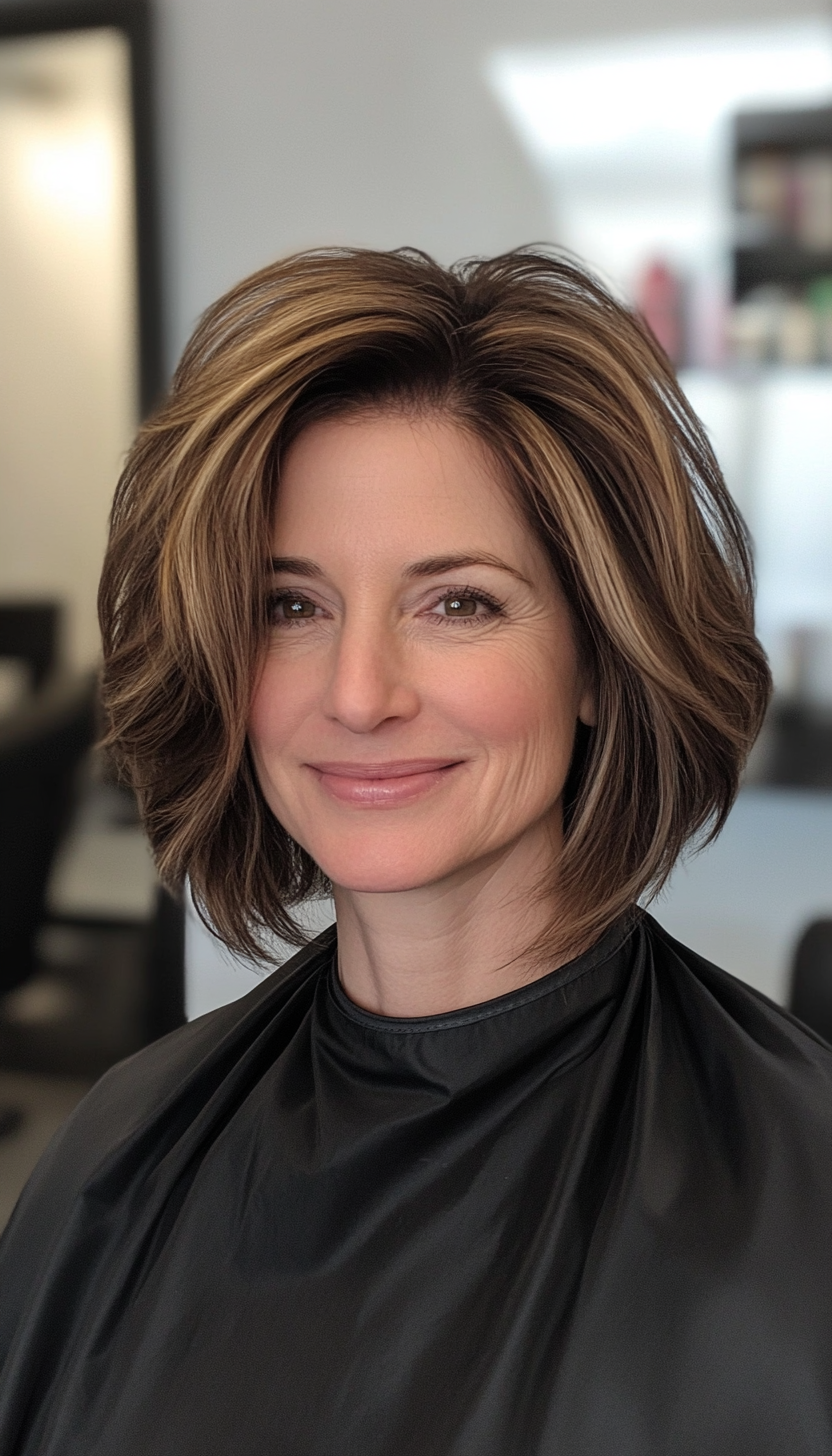 21. Chin-Length Layered Cut with Soft Caramel Highlights (Layered Haircuts For Older Women) - Layered Haircuts For Older Women