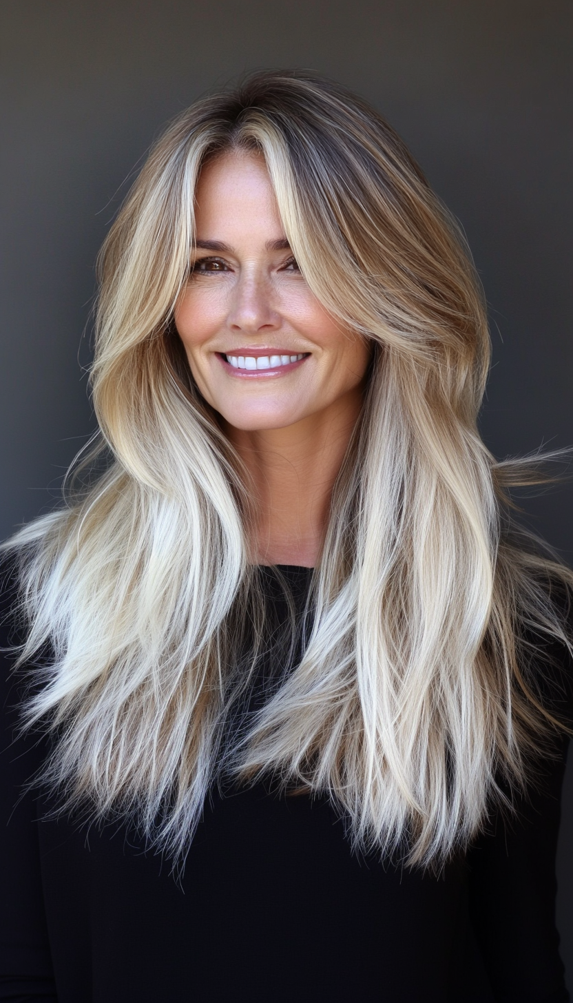 22. Long Shag with Light Blonde Highlights (Layered Haircuts For Older Women) - Layered Haircuts For Older Women