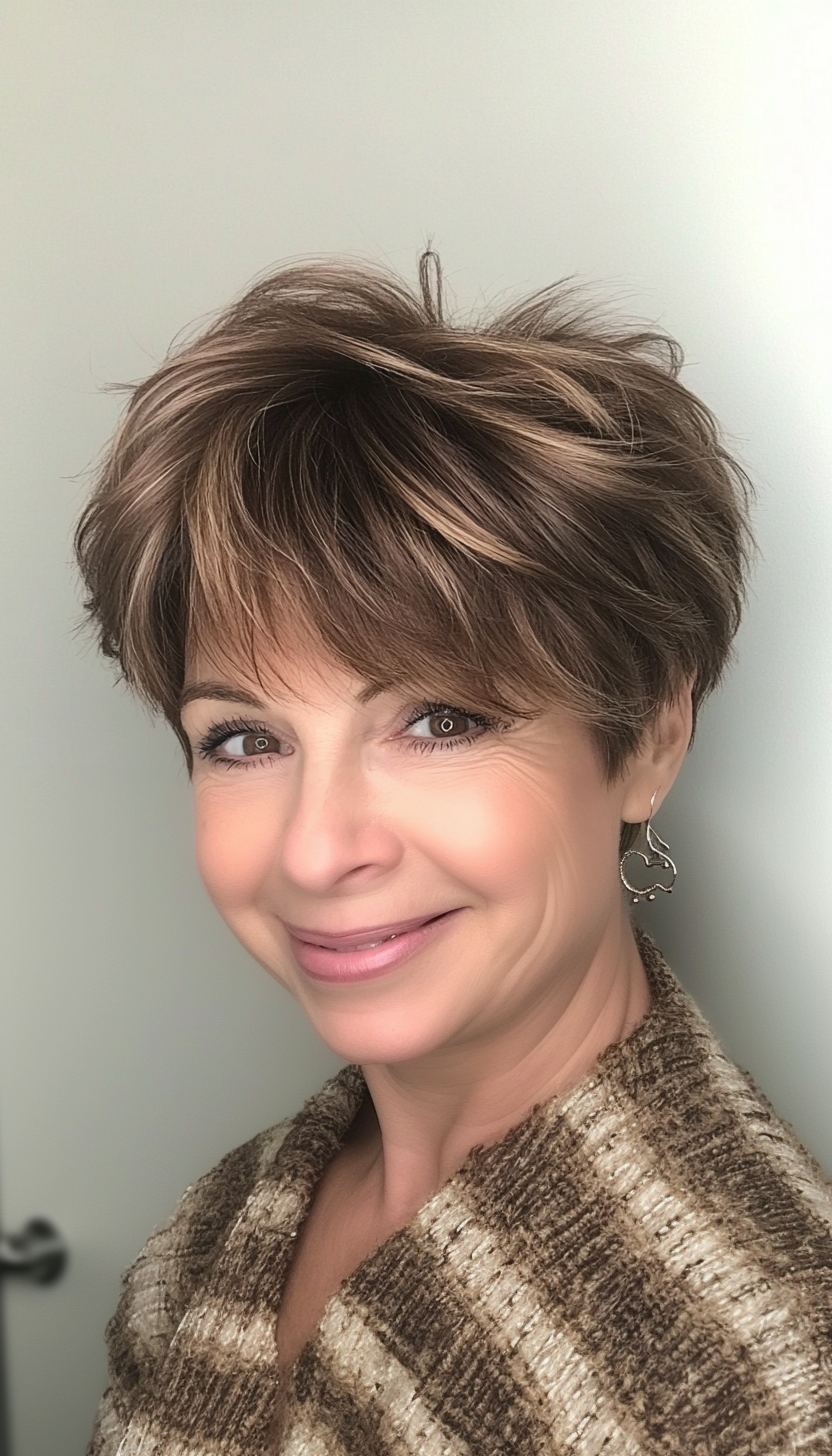 24. Layered Pixie with Soft Brown Highlights (Layered Haircuts For Older Women) - Layered Haircuts For Older Women