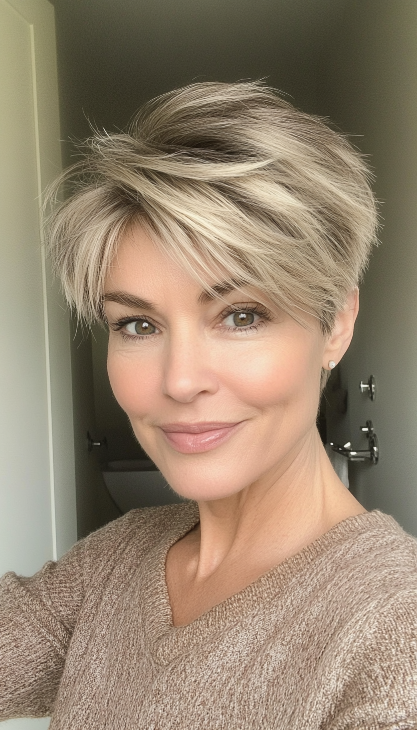 3. Layered Crop - Dark Blonde (Short Hairstyles For Older Women With Thin Hair) - Short Hairstyles For Older Women With Thin Hair