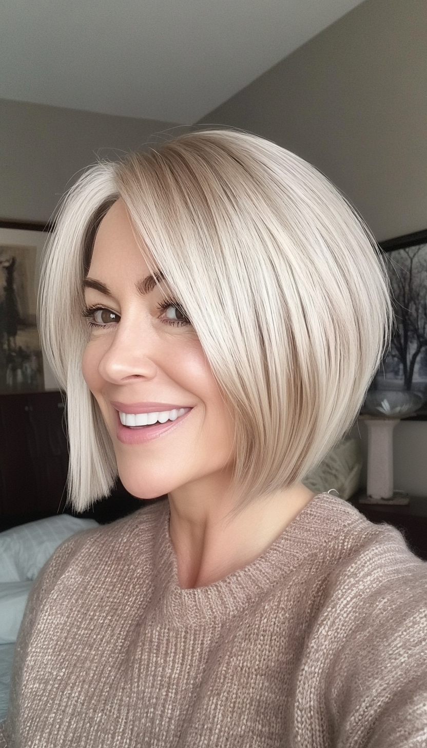 6. Asymmetrical Bob - Platinum Blonde (Short Hairstyles For Older Women With Thin Hair) - Short Hairstyles For Older Women With Thin Hair