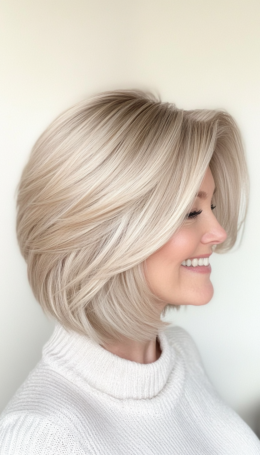 8. Stacked Bob - Sandy Blonde (Short Hairstyles For Older Women With Thin Hair) - Short Hairstyles For Older Women With Thin Hair