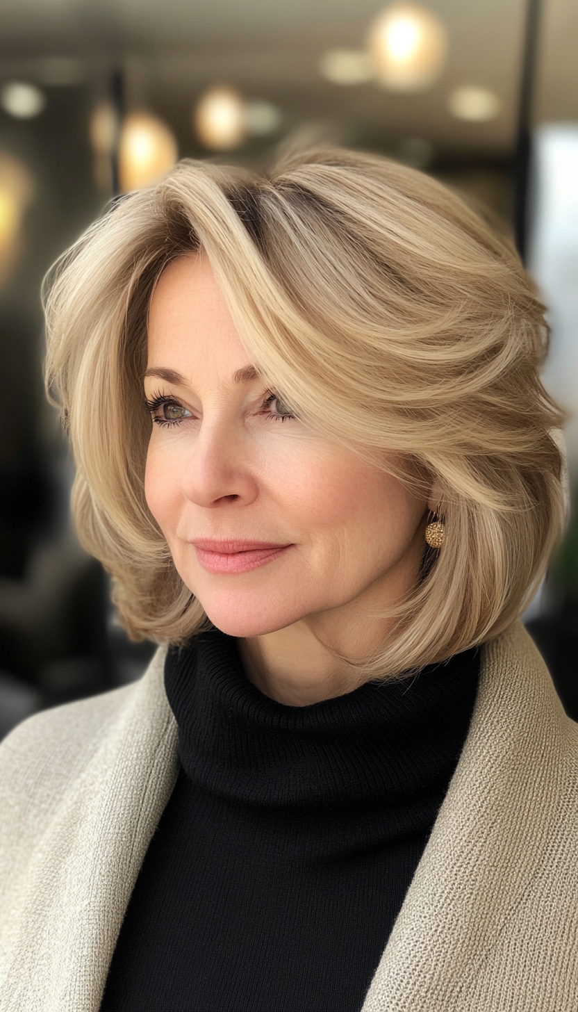 12. Feathered Bob - Golden Blonde (Short Hairstyles For Older Women With Thin Hair) - Short Hairstyles For Older Women With Thin Hair