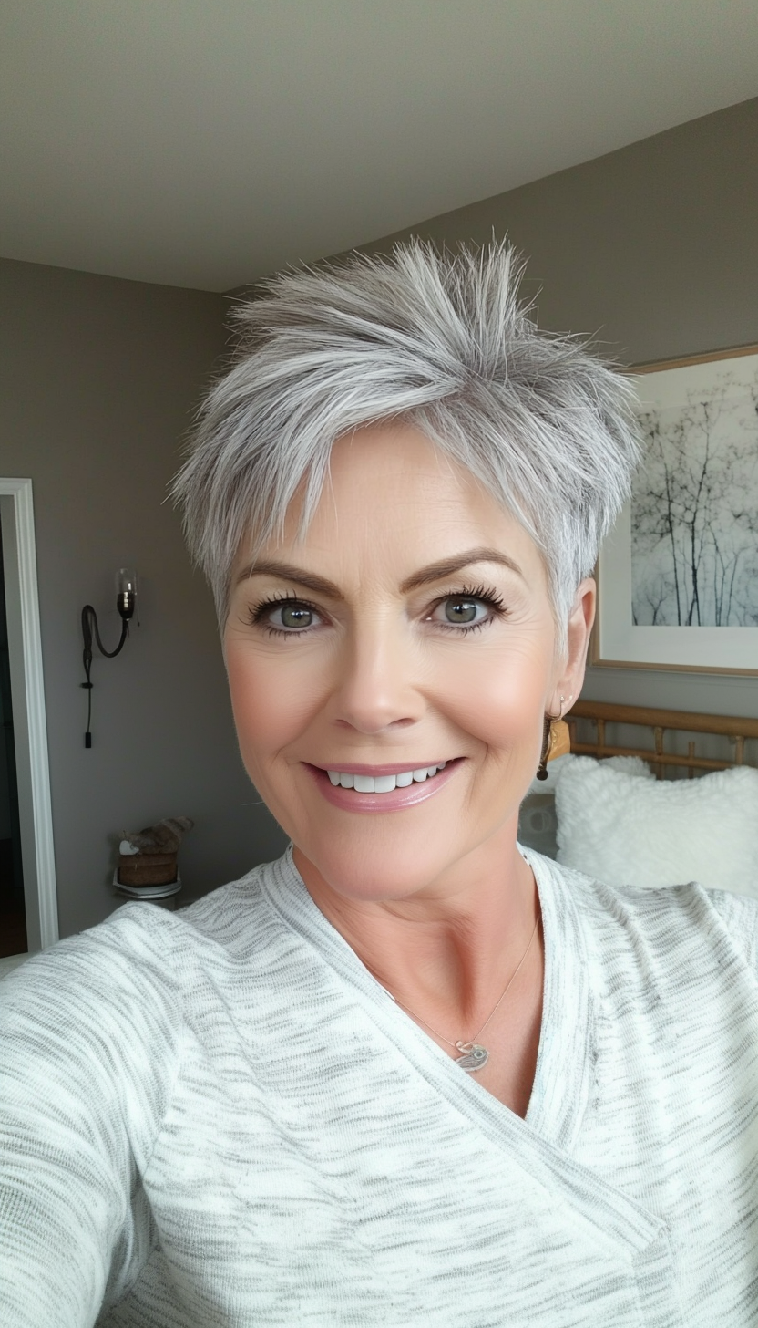 14. Pixie Cut with Textured Layers - Salt and Pepper (Short Hairstyles For Older Women With Thin Hair) - Short Hairstyles For Older Women With Thin Hair