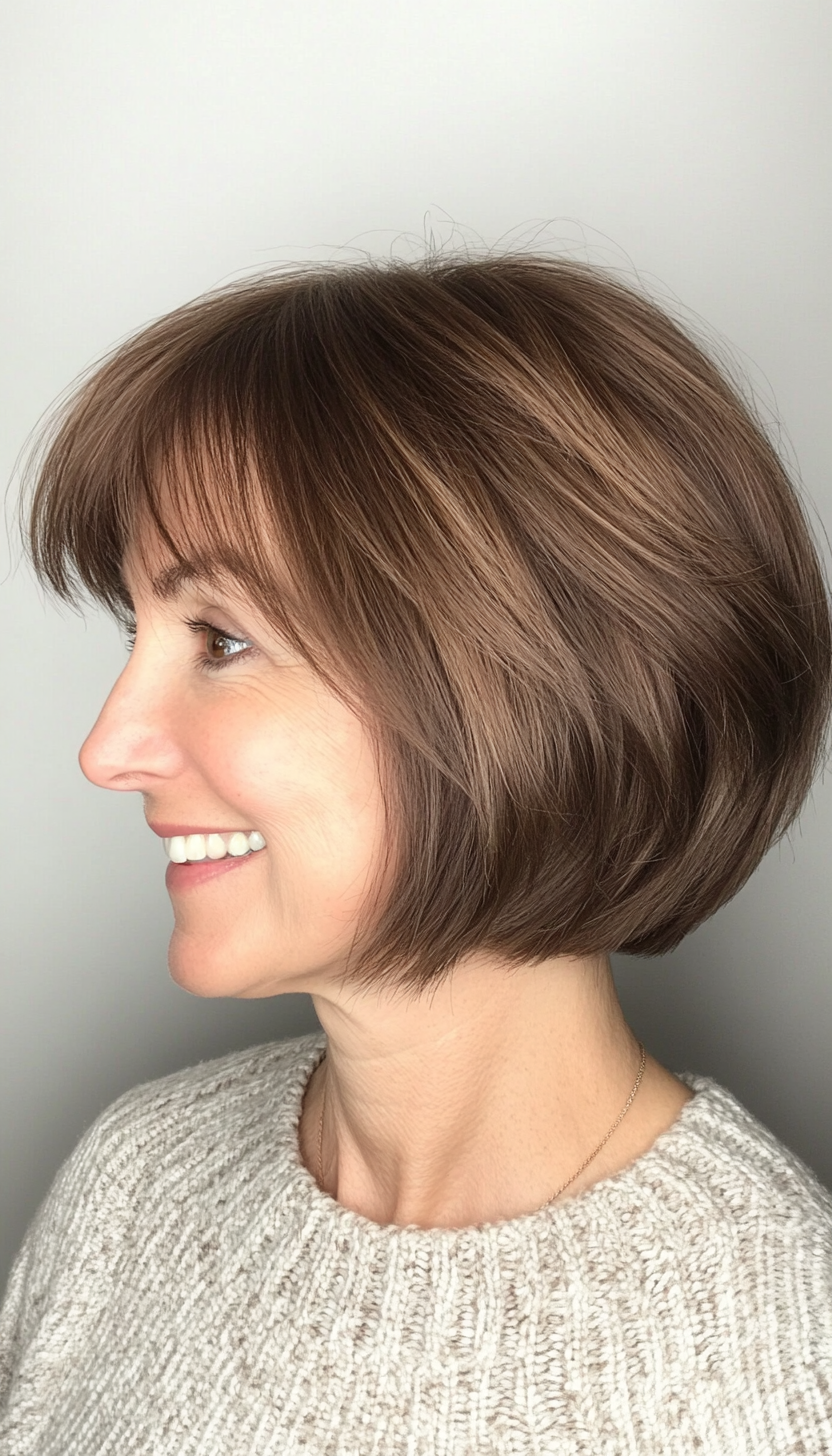23. Short Bob with Fringed Bangs - Medium Brown (Short Hairstyles For Older Women With Thin Hair) - Short Hairstyles For Older Women With Thin Hair