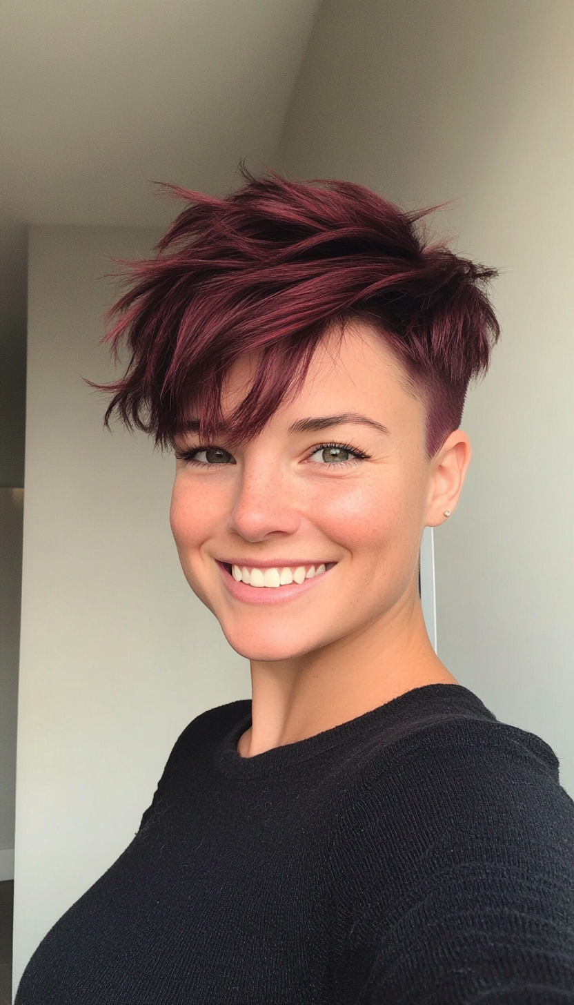 27. Deep Burgundy Undercut Pixie (Undercut Pixie Hairstyles) - Undercut Pixie Hairstyles