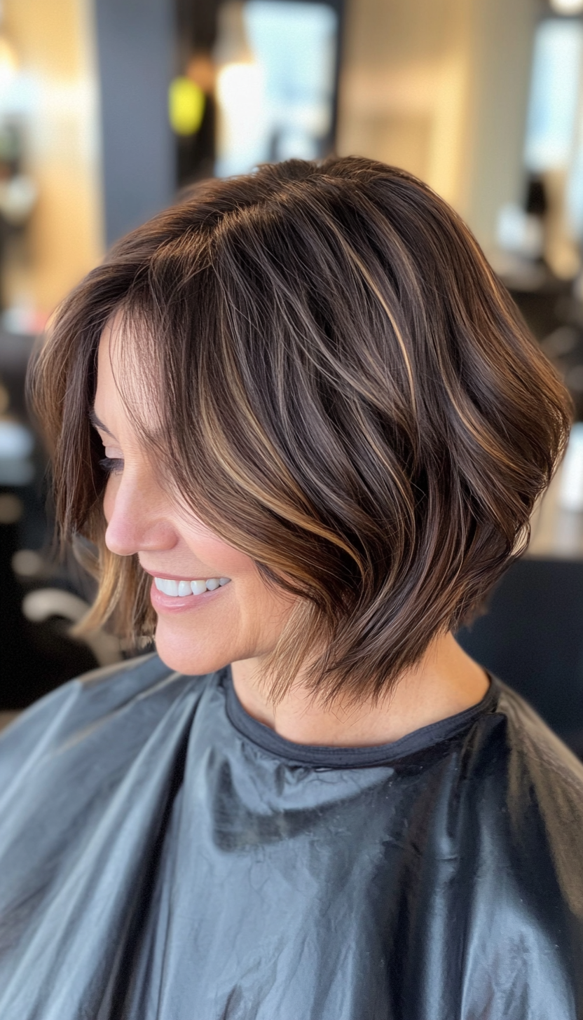 4. Textured Bob with Caramel Highlights - Dark Brown (Bob Hairstyles For Women Over 50) - Bob Hairstyles For Women Over 50