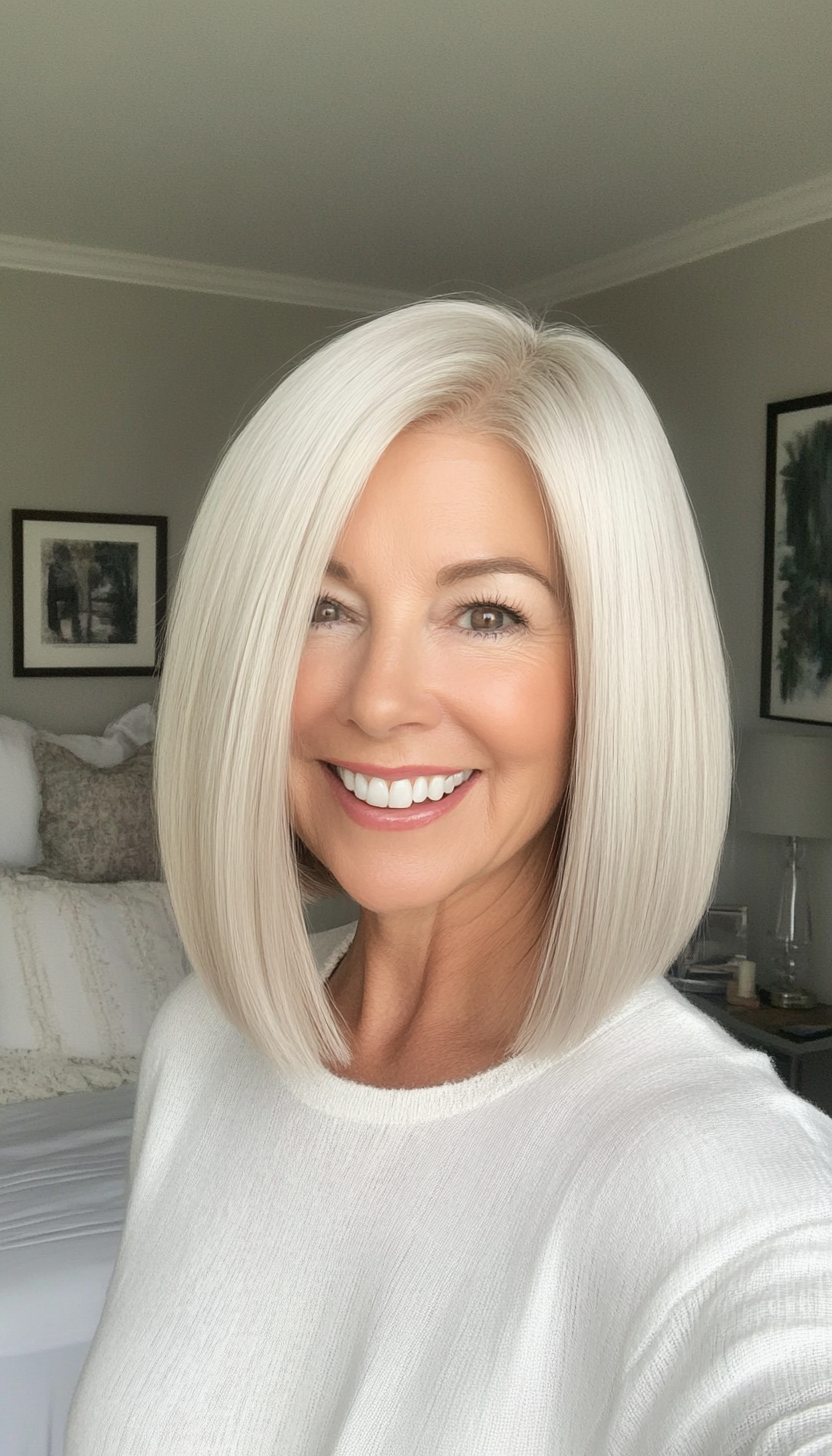 6. Classic Bob with Side Part - Platinum Blonde (Bob Hairstyles For Women Over 50) - Bob Hairstyles For Women Over 50