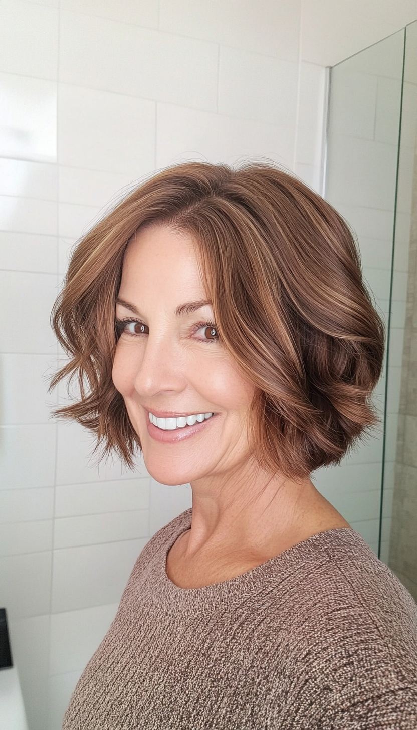 8. Bob with Layered Waves - Warm Brown (Bob Hairstyles For Women Over 50) - Bob Hairstyles For Women Over 50