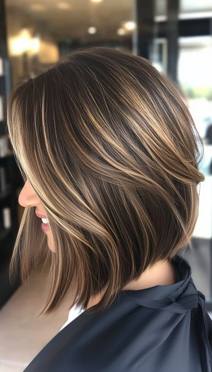 9. Stacked Bob with Light Blonde Highlights - Dark Brown (Bob Hairstyles For Women Over 50) - Bob Hairstyles For Women Over 50